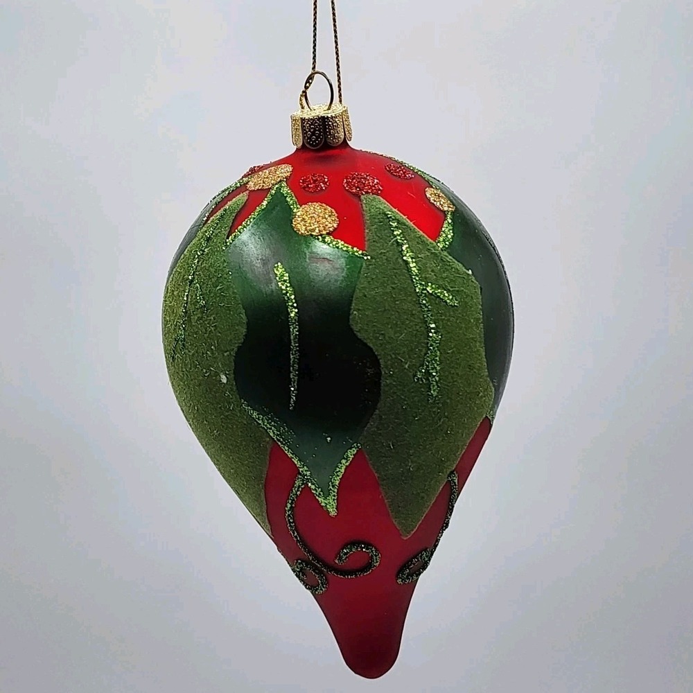 Vintage Hand Painted Teardrop Glass Ornament Red Textured with Holly Leaves Cute - Picture 3 of 6